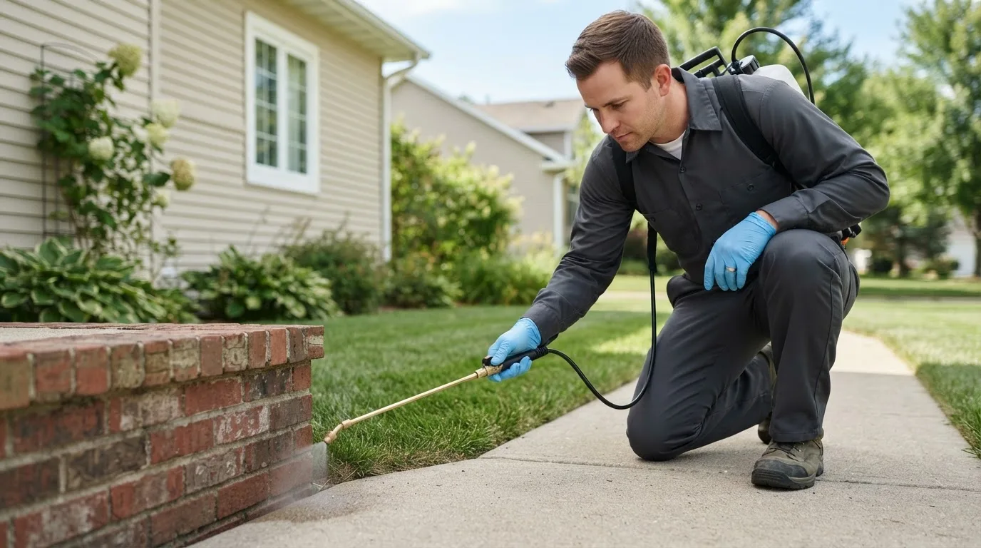 Pest control technician treating a home near Fishersville, VA