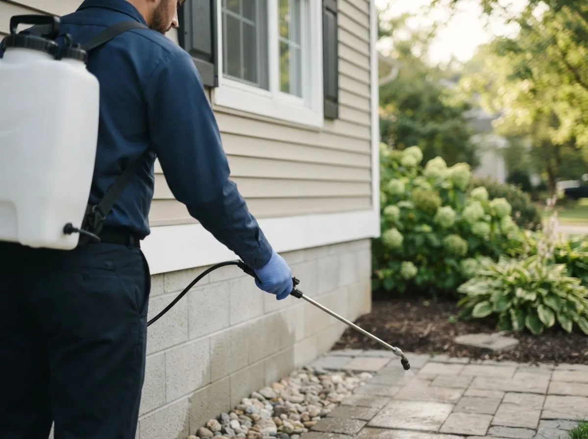 Pest control technician inspecting a home in Fishersville, VA